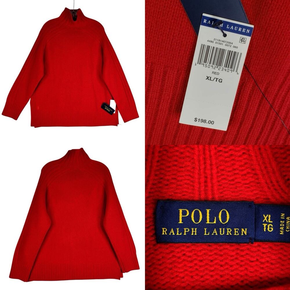 Polo Ralph Lauren Sweater Red Wool Cashmere Chunky Knit Turtleneck XL New